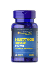 Puritan's Pride L-Glutathione 500 mg supplement bottle with 30 capsules, featuring antioxidant benefits for muscle health.